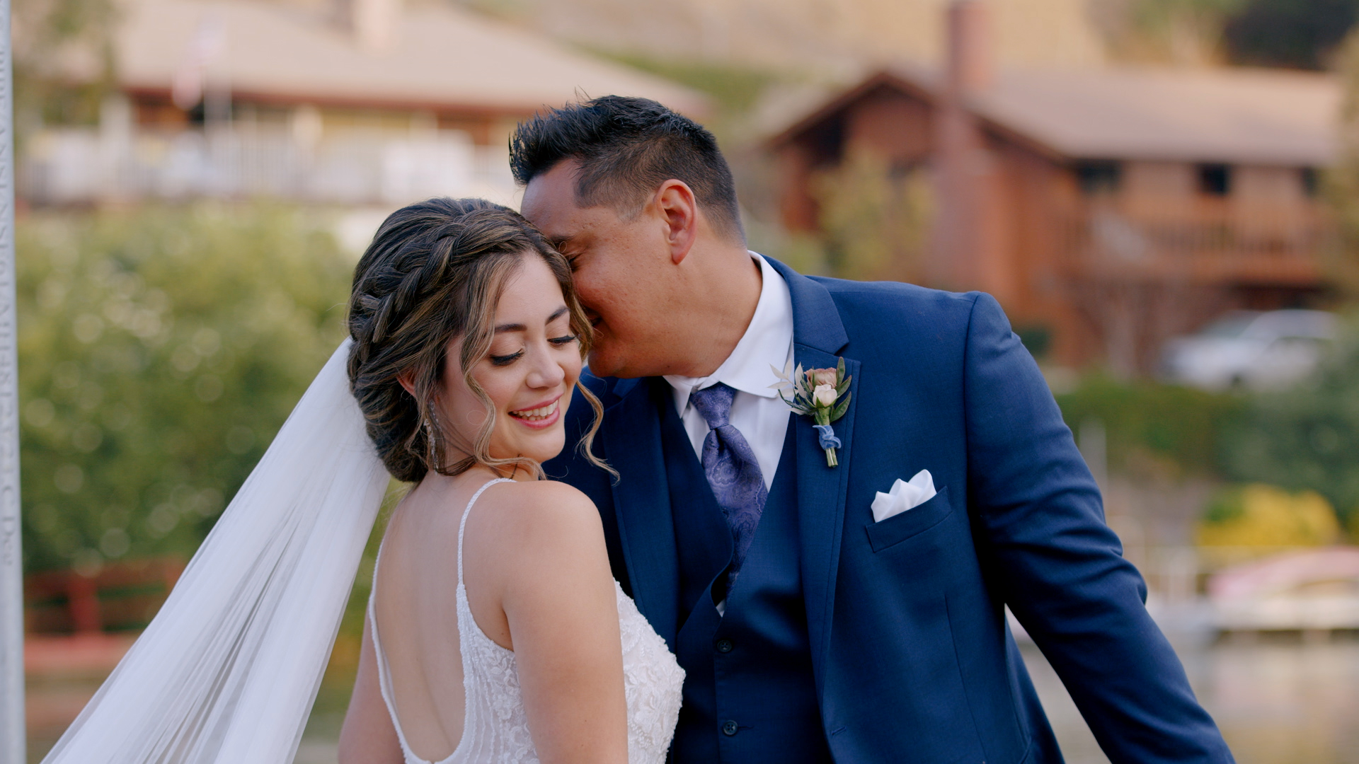 Bride and Groom in front of Malibu Lake Lodge