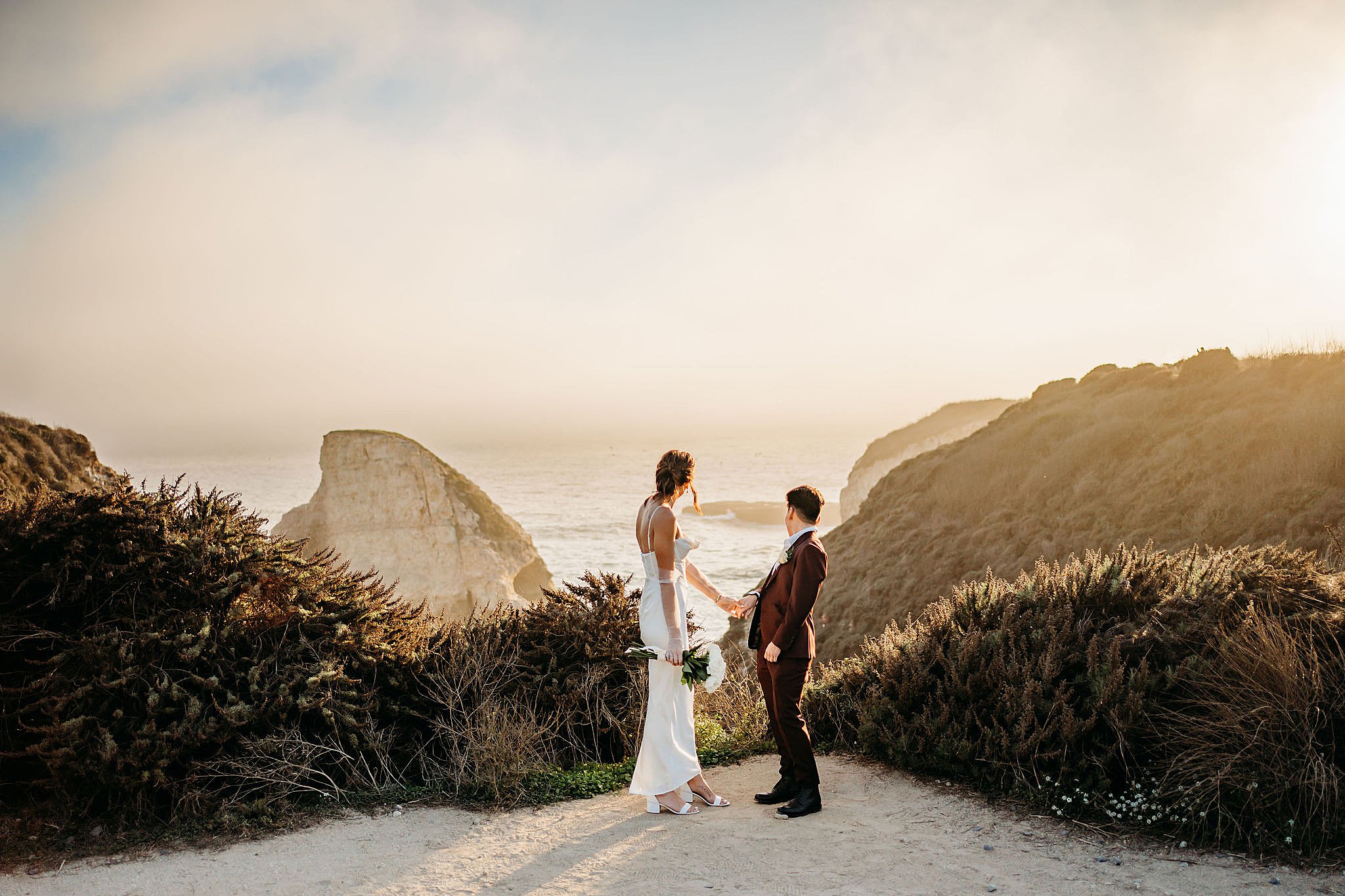 Bride and Bride looking out at Shark fin cove