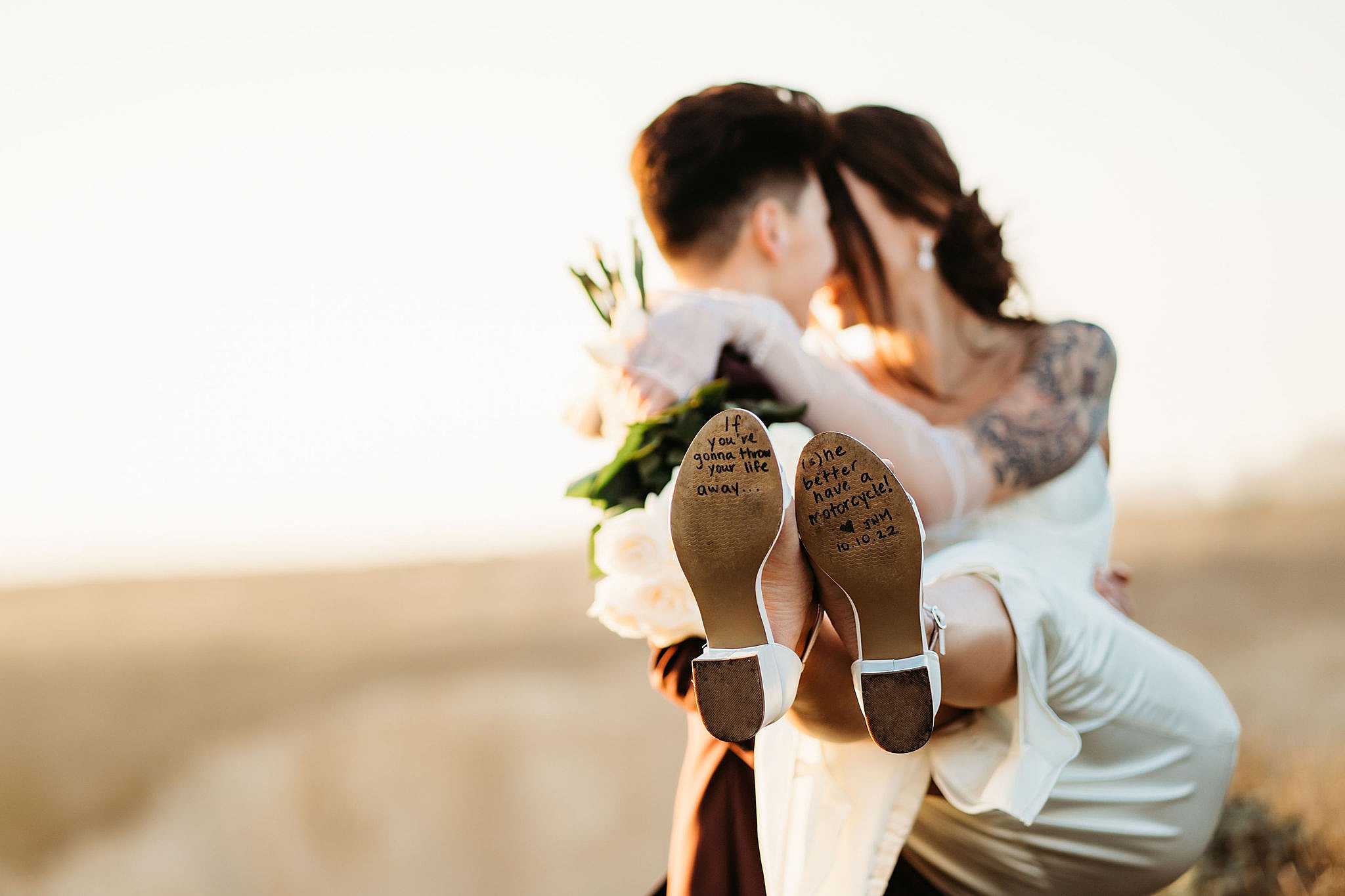 bride shows off Gilmore girls quote on shoes