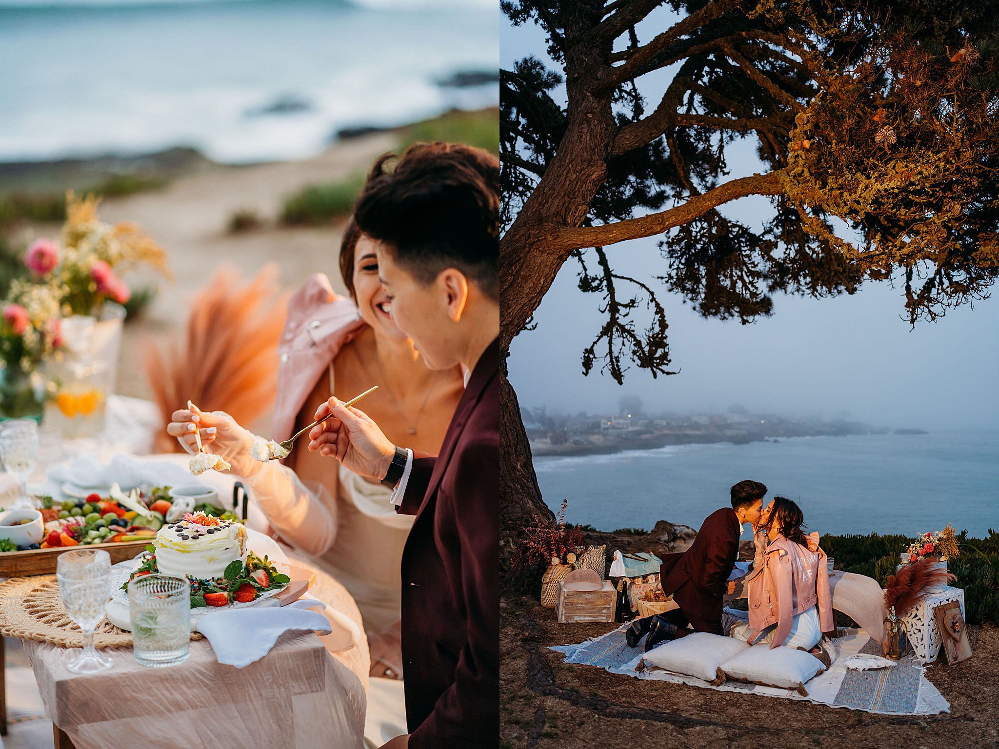 Bride and Bride eat cake in santa cuz