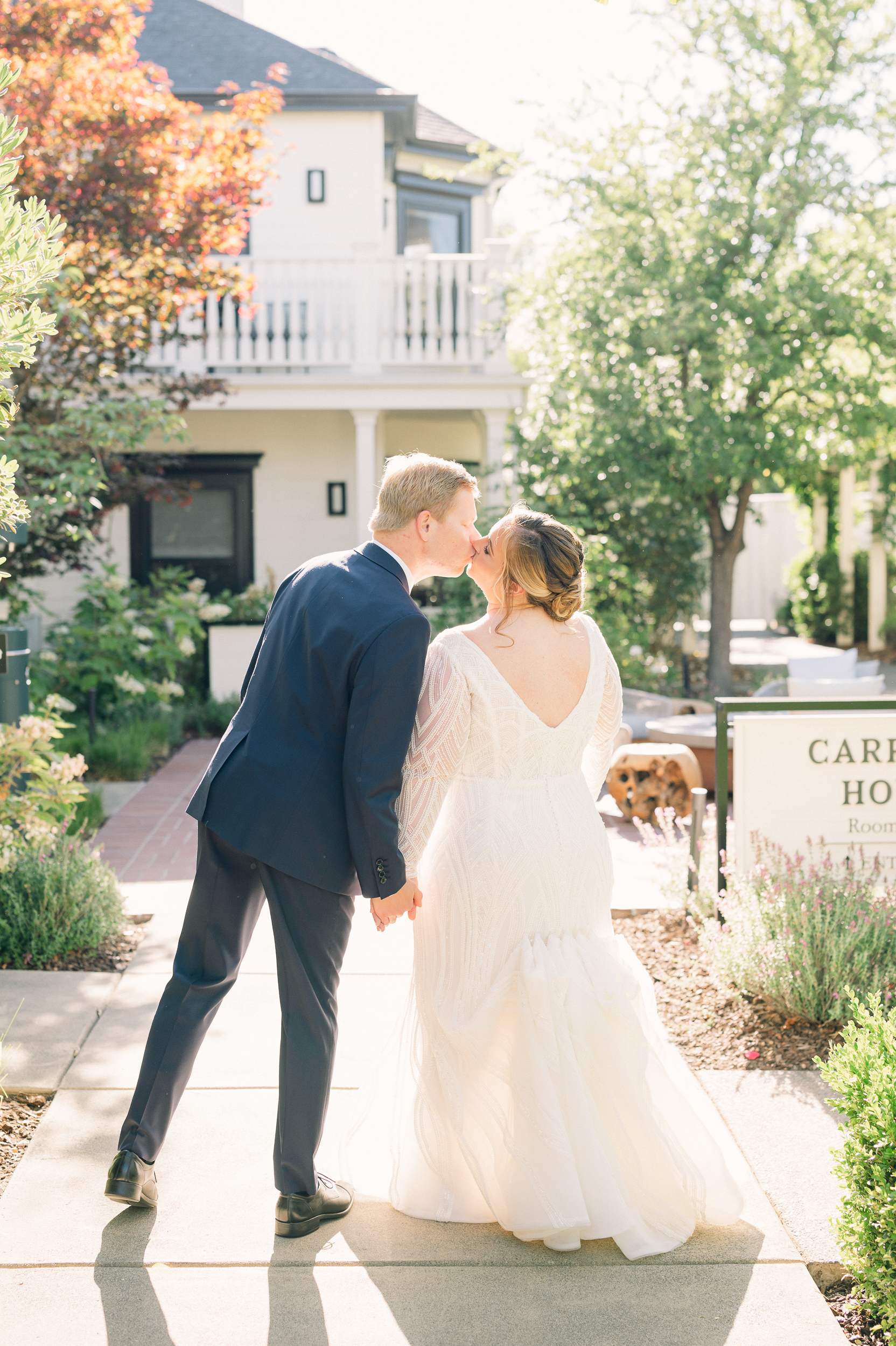 Newly Married Bride and Groom after MacArthur Place Wedding