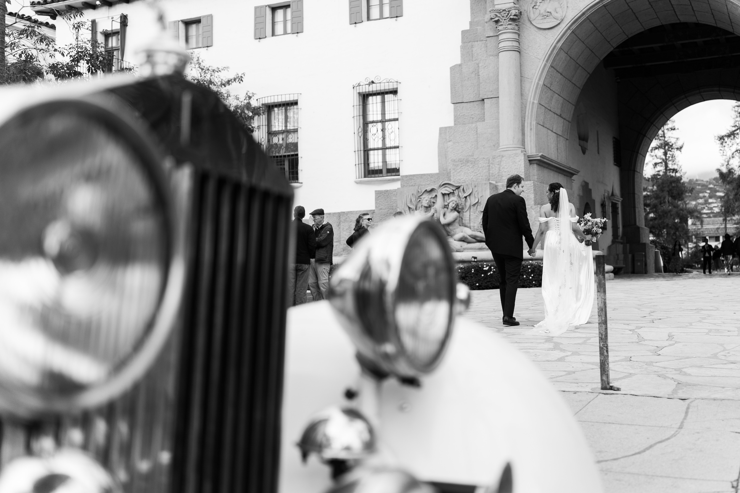 Bride and Groom Arriving for Wedding at Santa Barbara Courthouse 