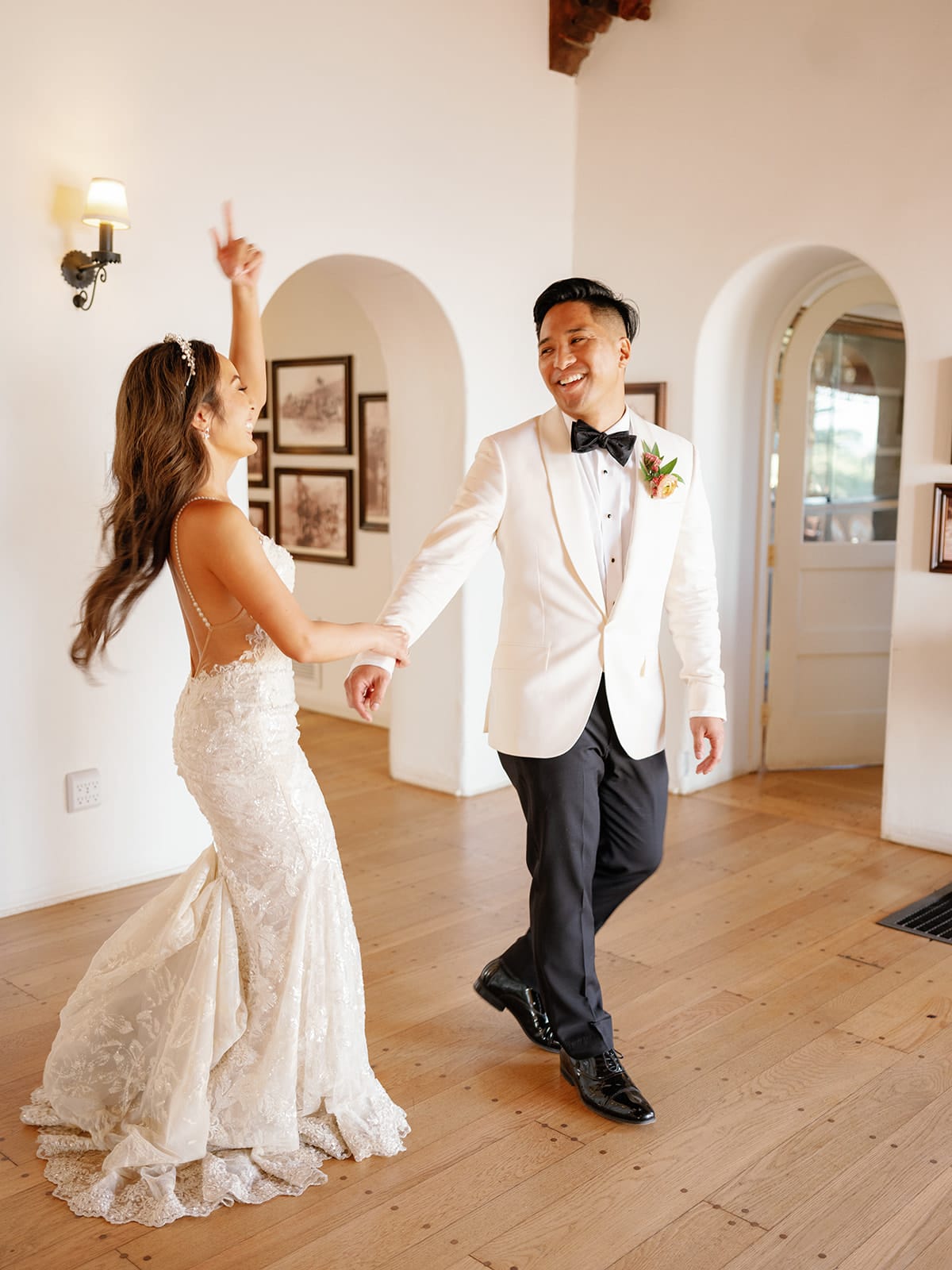 The bride and groom practice their first dance at Casa Romantica