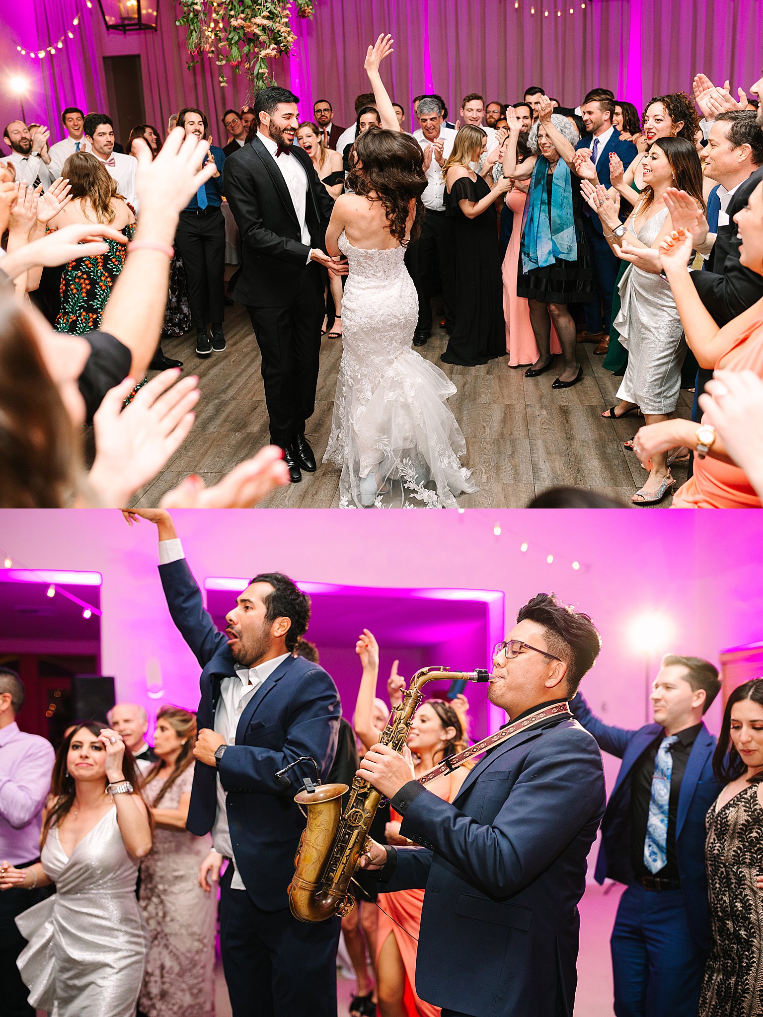 Bride and Groom dancing at reception with saxophonist