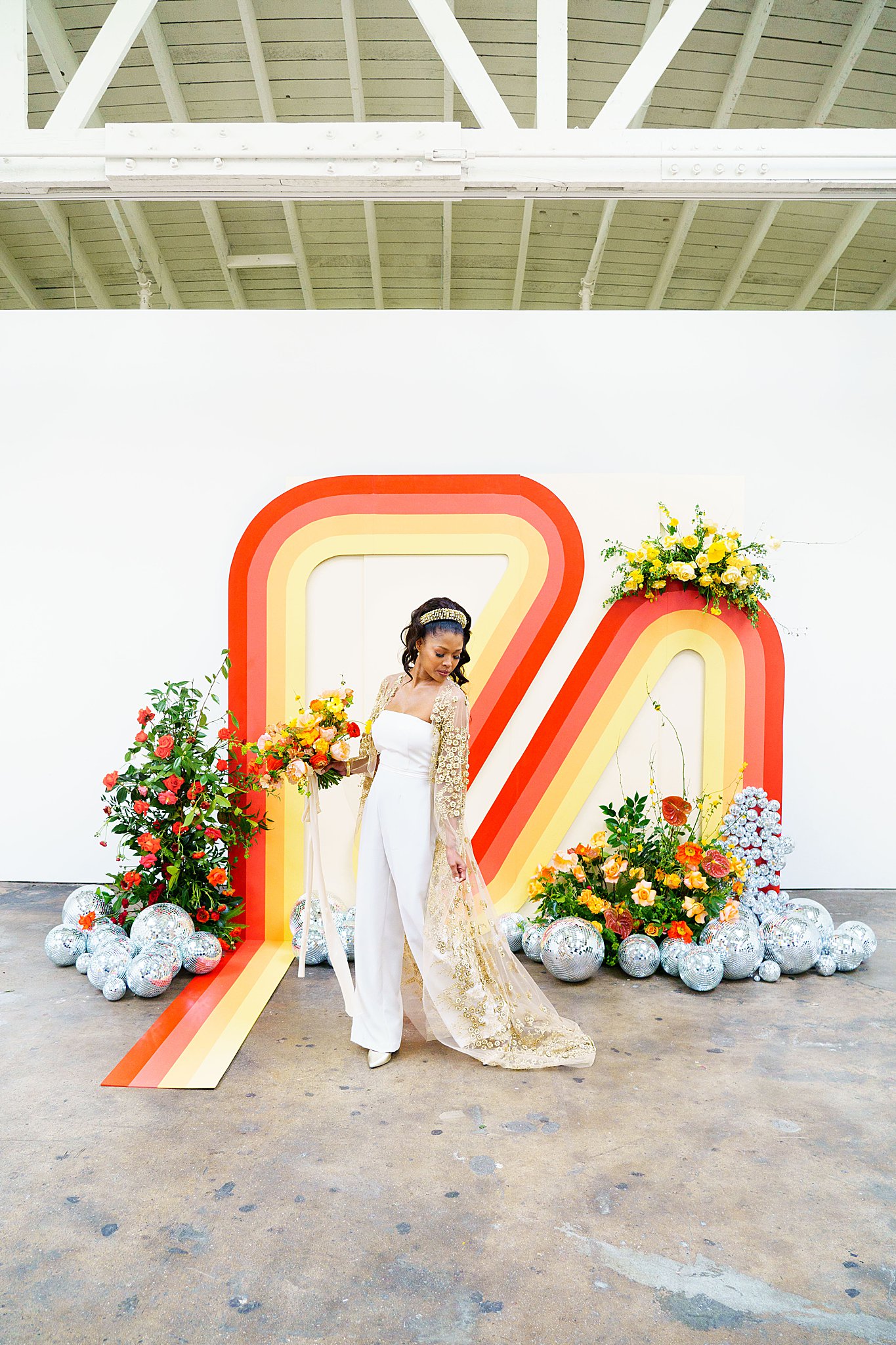 Bride in front of retro disco background